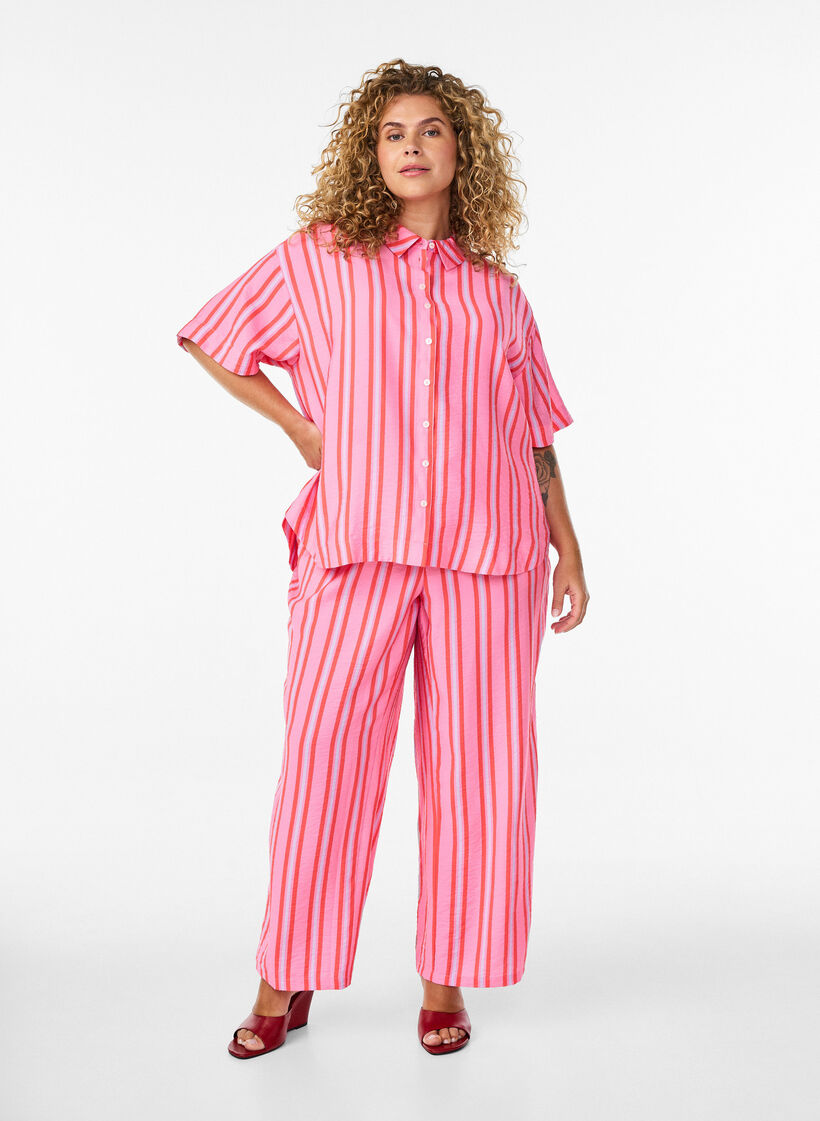 Stribede bukser med h&oslash;j talje og brede ben, Lyser&oslash;d, Model image number 0
