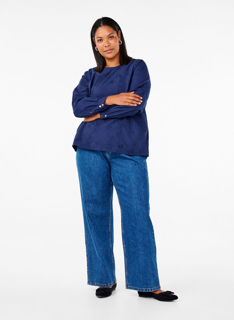 Langærmet bluse med broderi, Blå, Model image number 1