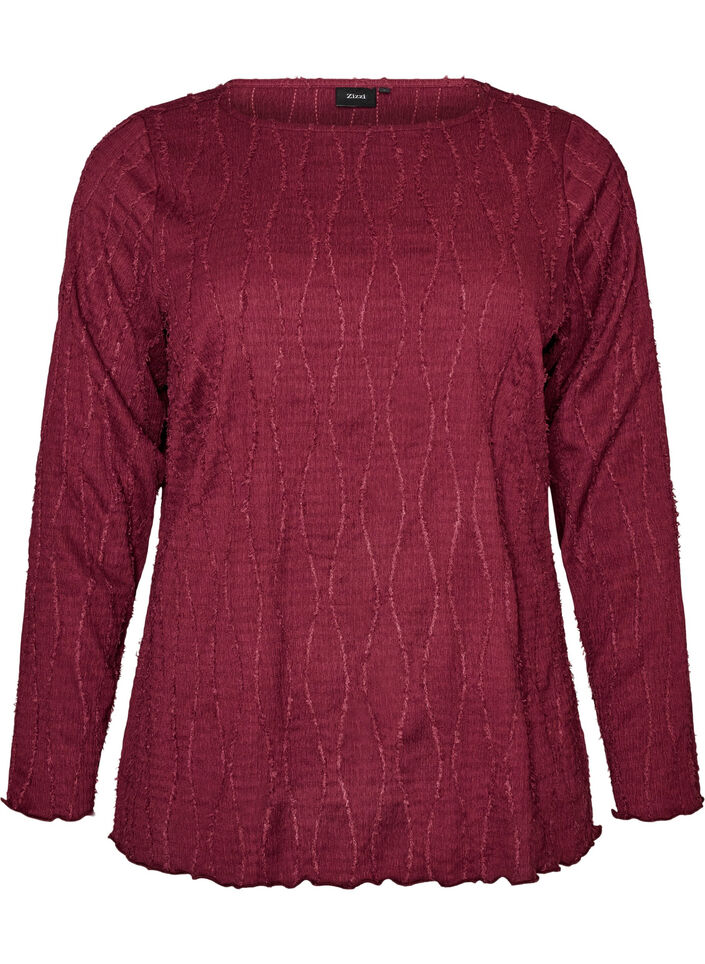 Jerseybluse med b&oslash;lget struktur, R&oslash;d, Packshot image number 0