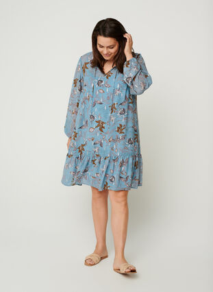 Langærmet kjole med blomsterprint, Light Blue AOP, Model image number 2