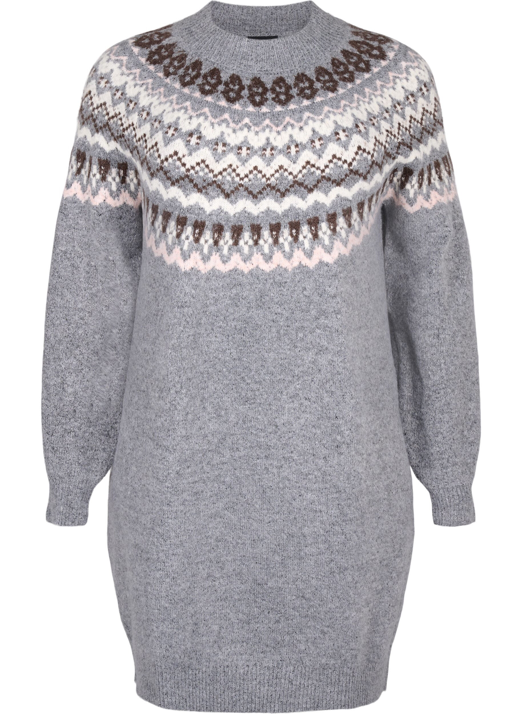 Zizzi Strikkjole med m&oslash;nster og lange &aelig;rmer, Medium Grey Comb, Packshot image number 0