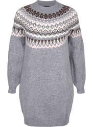 Strikkjole med mønster og lange ærmer, Medium Grey Comb