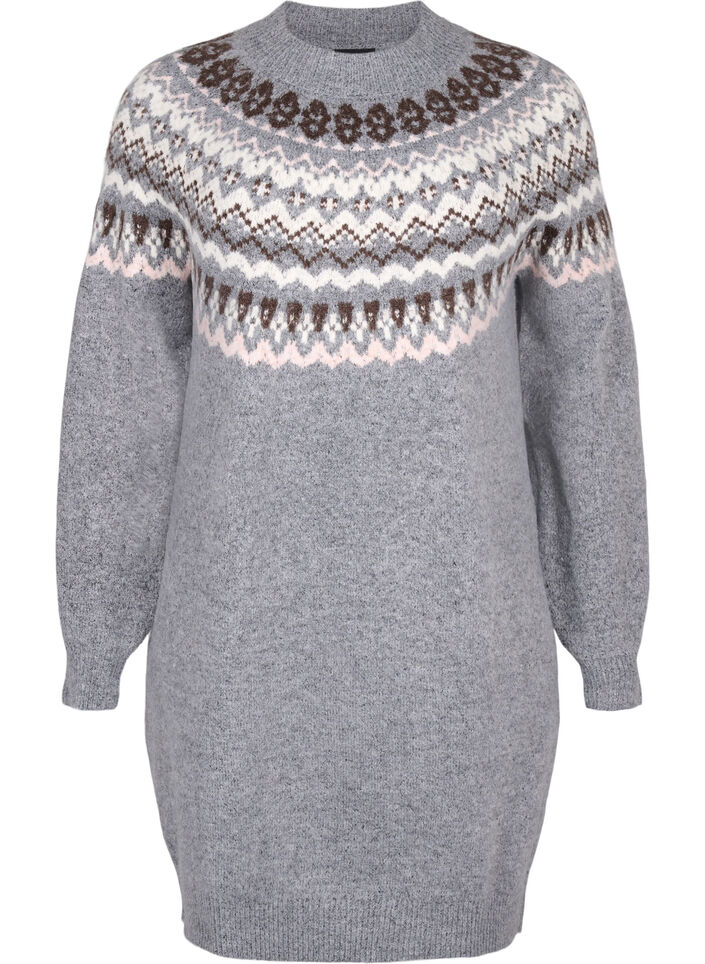 Strikkjole med mønster og lange ærmer, Medium Grey Comb, Packshot image number 0
