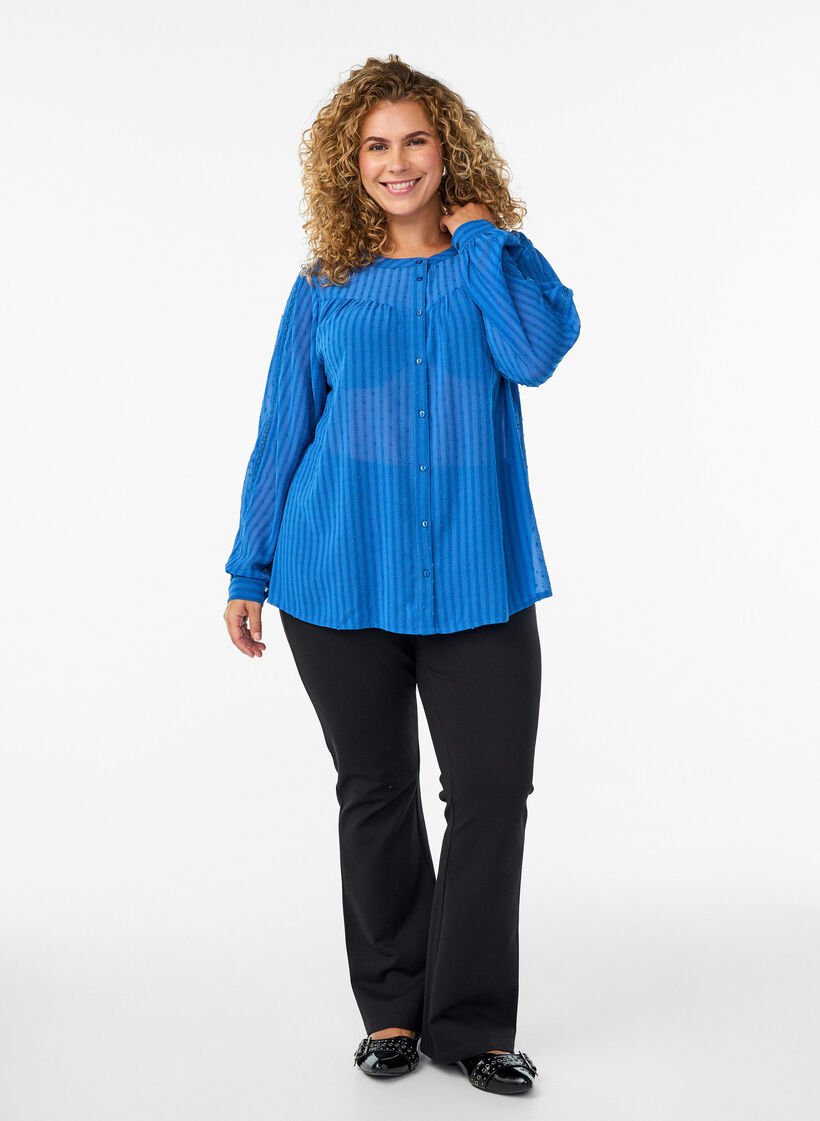 Skjortebluse med prikket struktur og broderidetaljer, Blå, Model image number 1