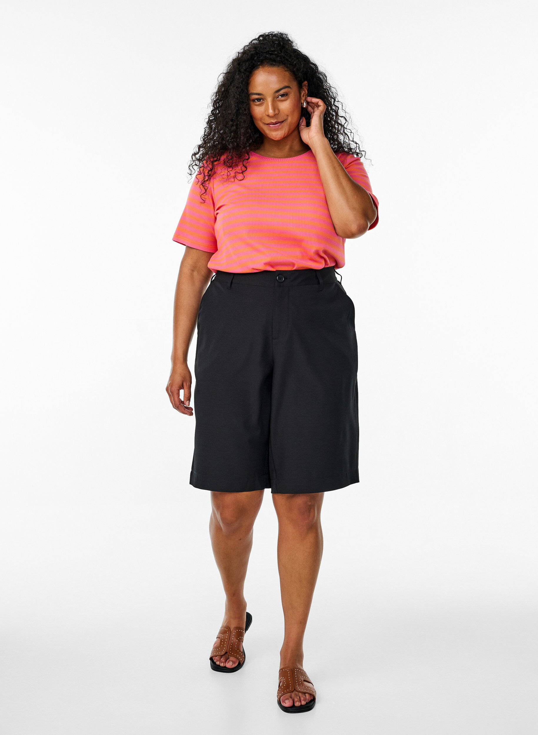 Zizzi Stribet t-shirt med ribstruktur, Orange, Model image number 1