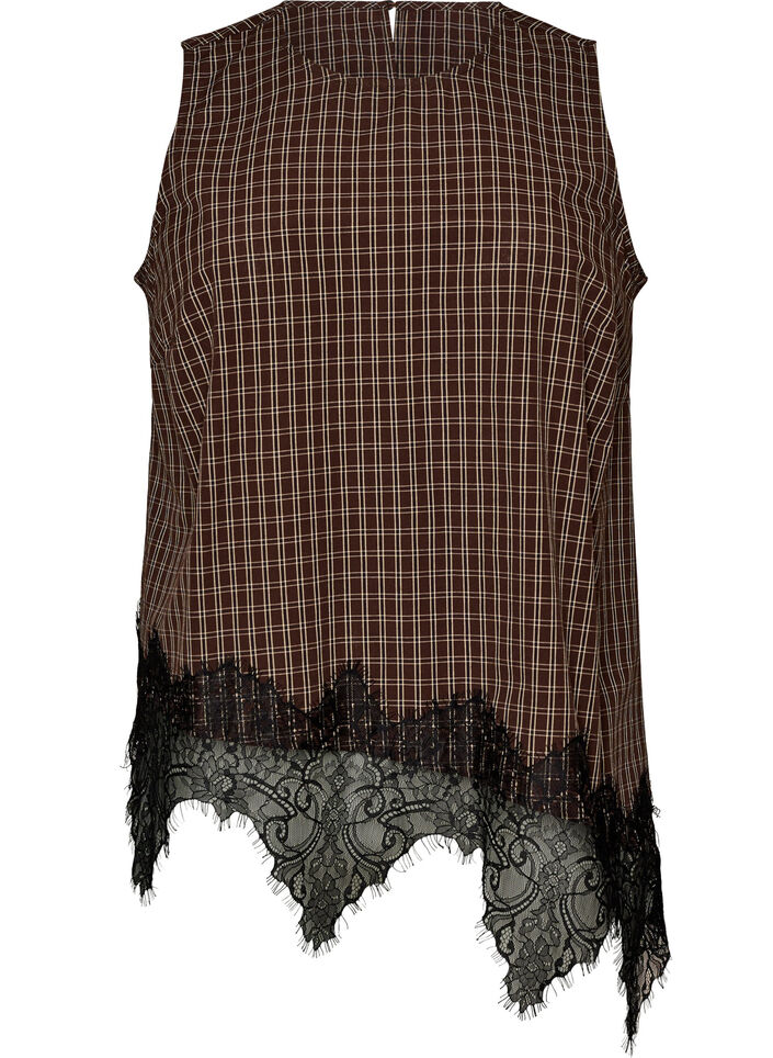 Ternet top med asymmetrisk blondekant, Brun, Packshot image number 0