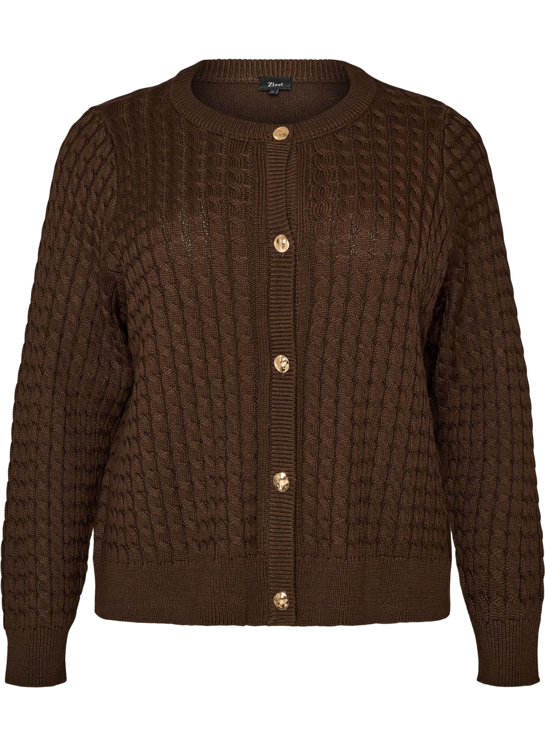 ZizziKabelstrikket cardigan med gyldne knapper, Brun, Packshot image number 0