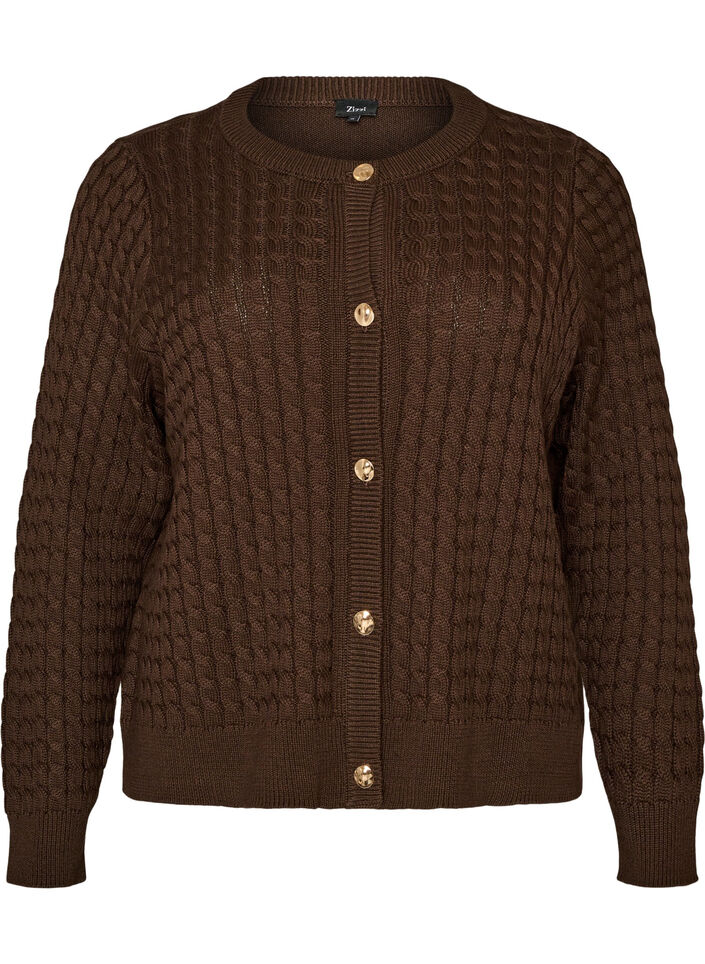 Kabelstrikket cardigan med gyldne knapper, Brun, Packshot image number 0