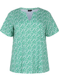 Blomstret bomulds t-shirt med v-hals, Jolly Green AOP