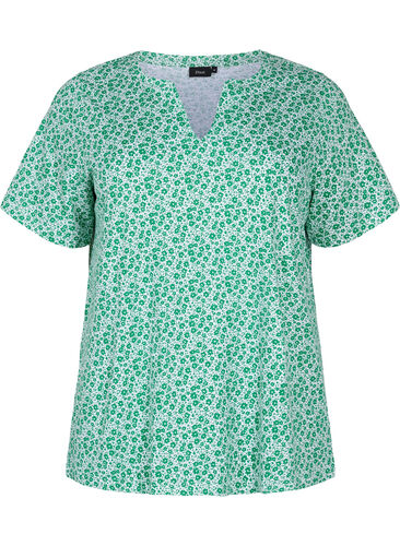 Blomstret bomulds t-shirt med v-hals, Jolly Green AOP, Packshot image number 0