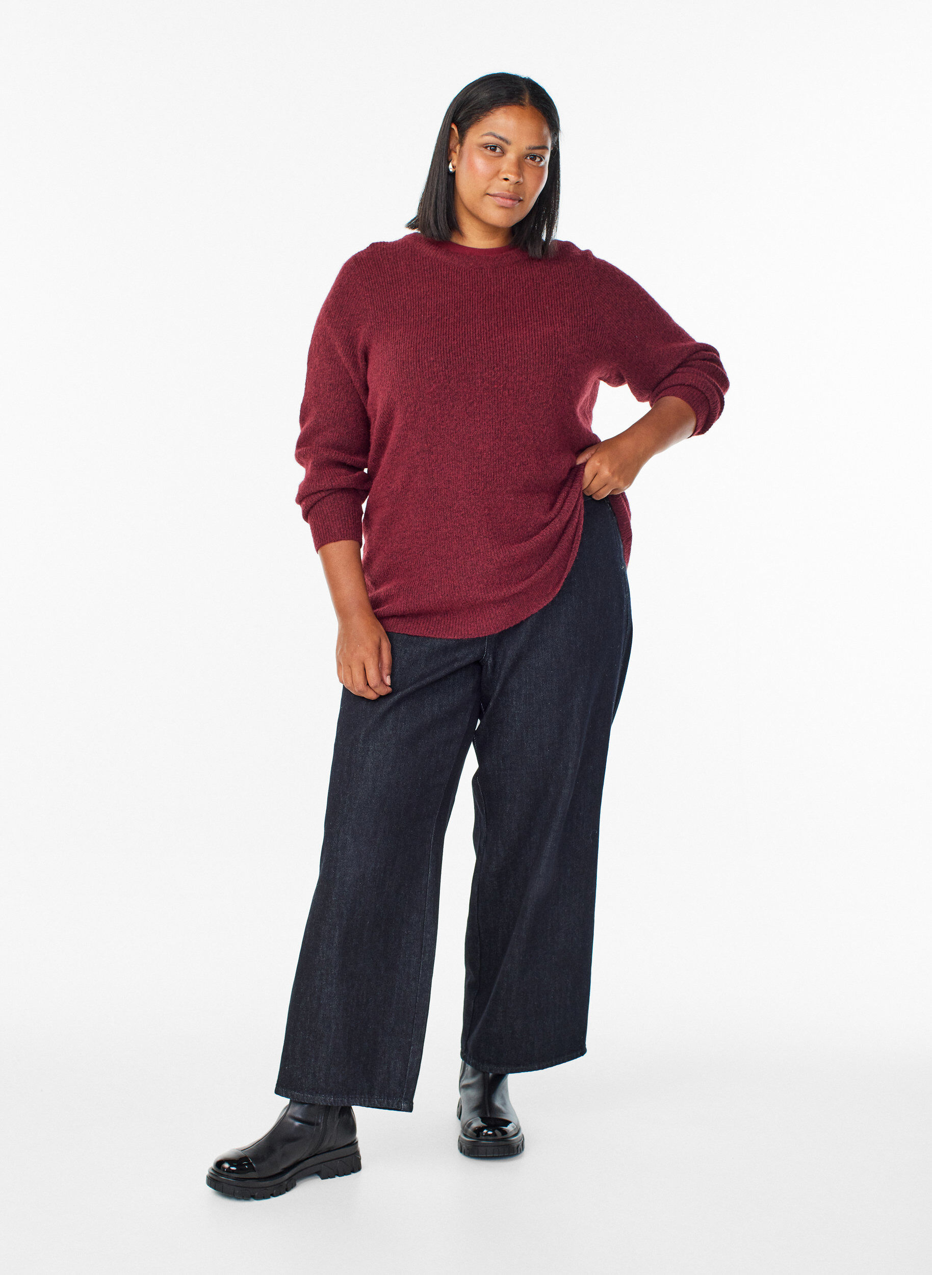 ZizziMeleret strikbluse med rund hals, R&oslash;d, Model image number 1