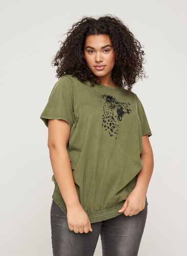 Kortærmet t-shirt med acid wash og smock, Ivy Green acid wash, Model image number 0