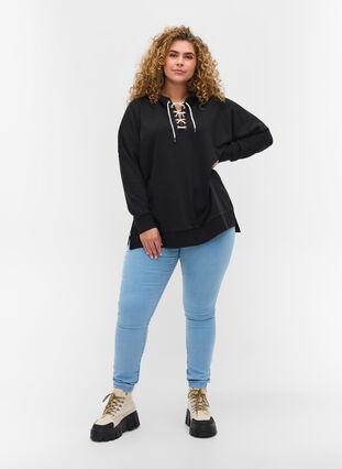 Sweatshirt med hætte og kontrastfarvet snøre, Black, Model image number 2