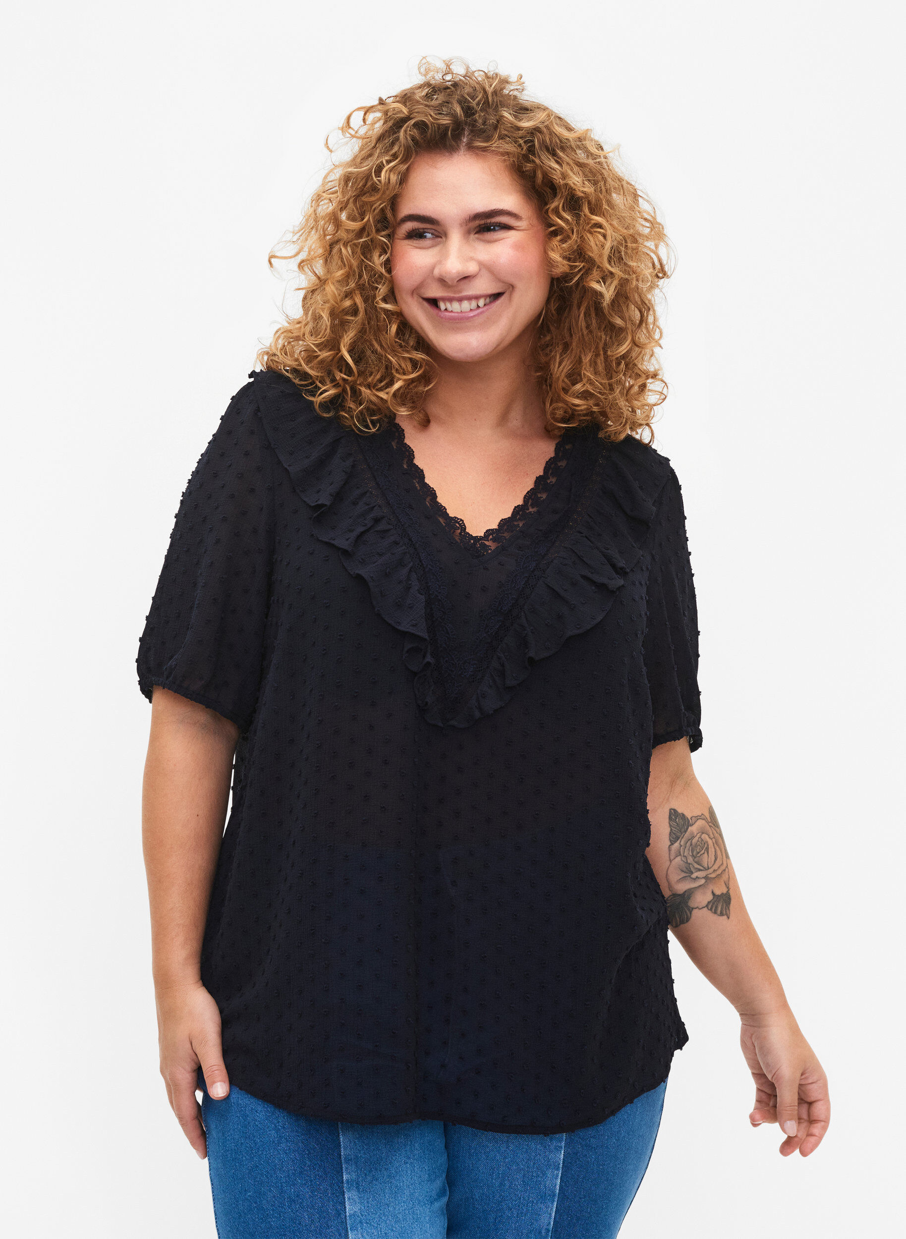 Zizzi Bluse med korte &aelig;rmer og prikket struktur, Night Sky, Model image number 0