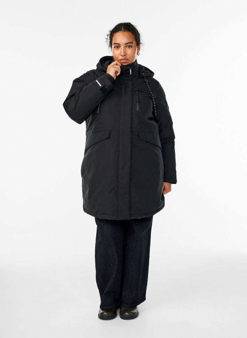 Vandafvisende parka med h&aelig;tte og funktionelle detaljer, Sort, Model image number 1