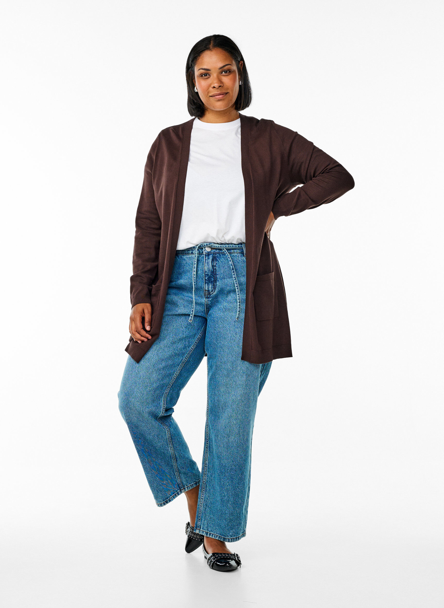 Zizzi Lang strikcardigan i viskosemix., Brun, Model image number 1