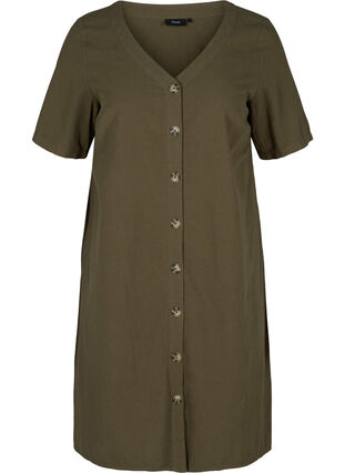 Kortærmet bomulds kjole med knapper, Ivy Green, Packshot image number 0