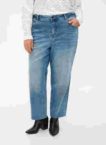 7/8 jeans med rå kanter og høj talje, Light blue denim, Model image number 2
