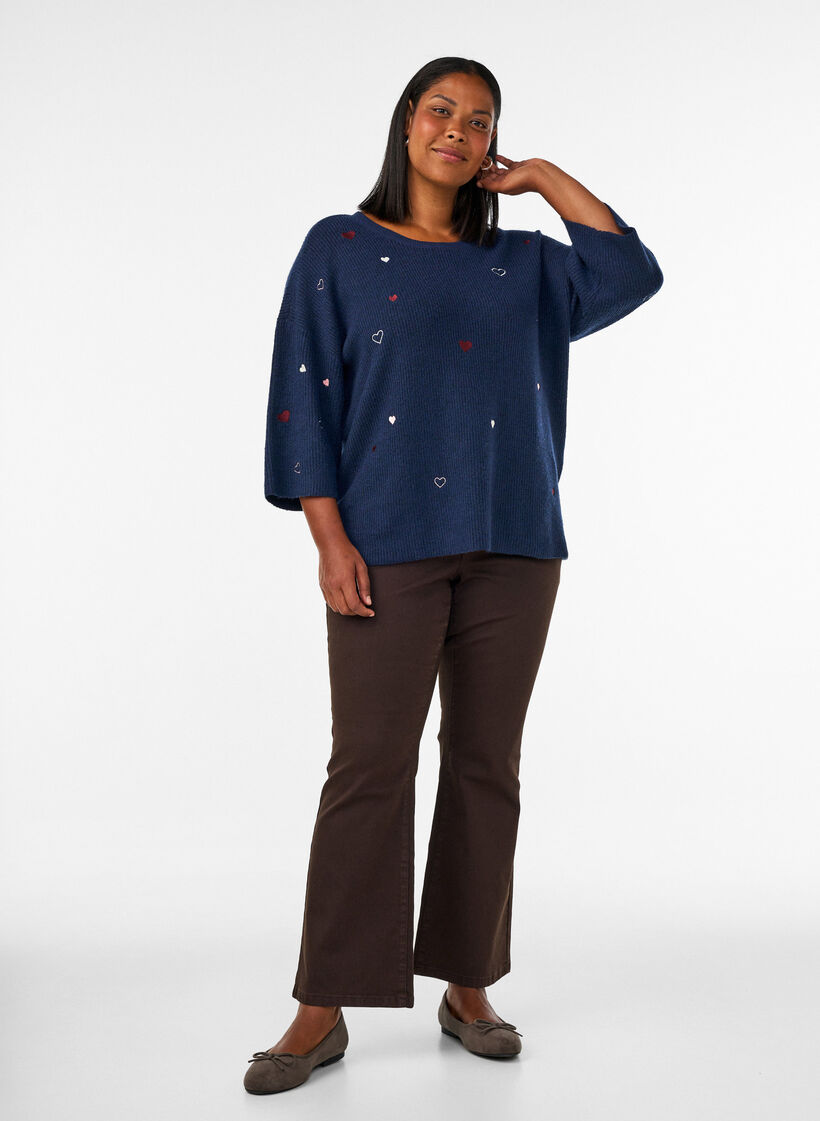Strikbluse med hjerter og 3/4 &aelig;rmer, Bl&aring;, Model image number 1