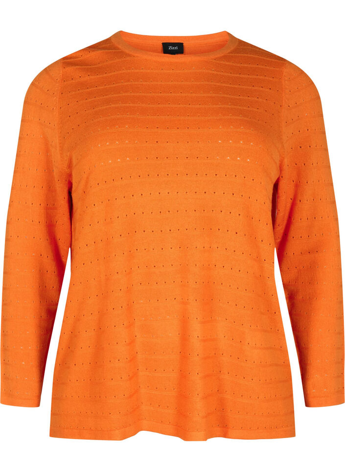 Strukturmønstret strikbluse med rund hals, Vibrant Orange, Packshot image number 0