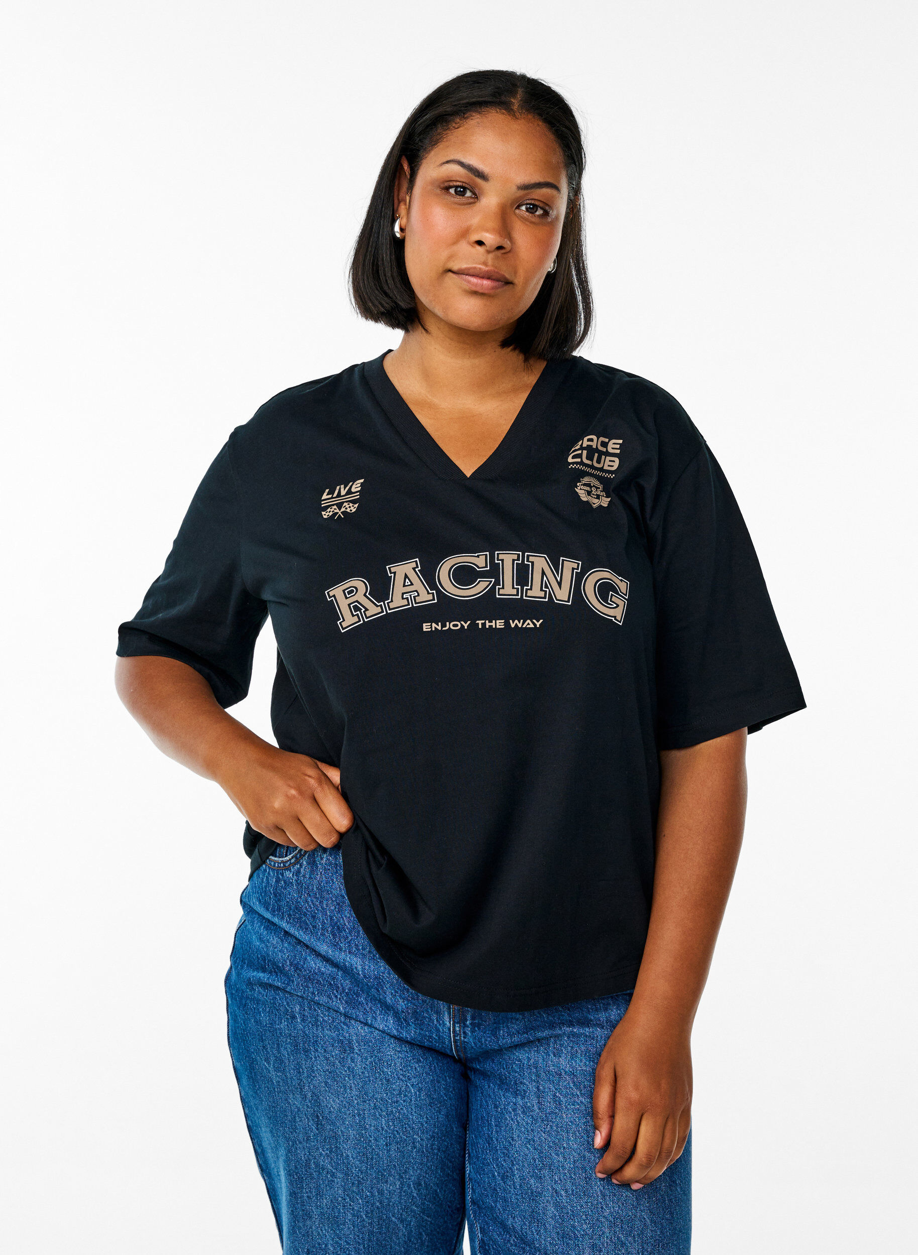 Zizzi Oversize t-shirt med Racing-print, Sort, Model image number 0
