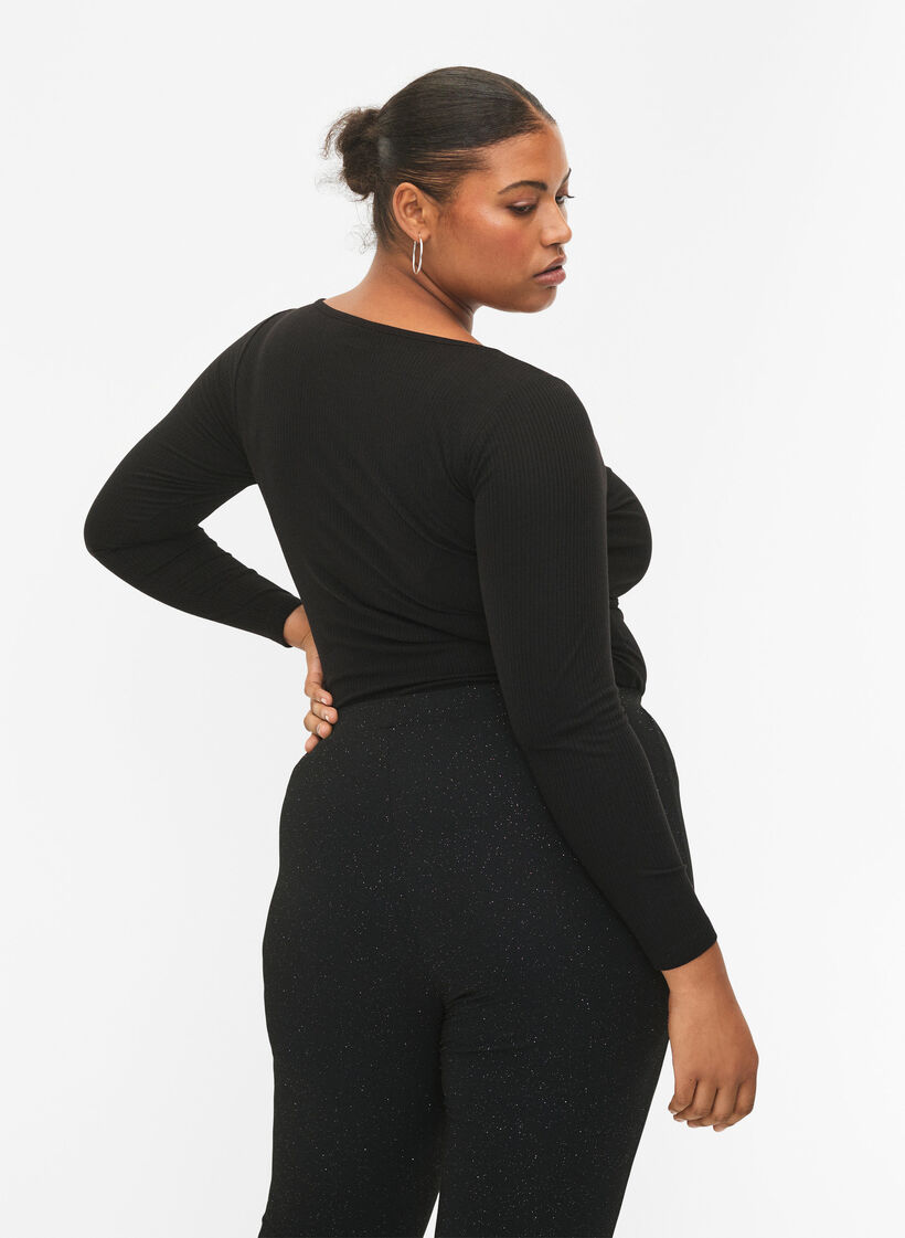 Ribbet bluse med huldetalje, Black, Model image number 1
