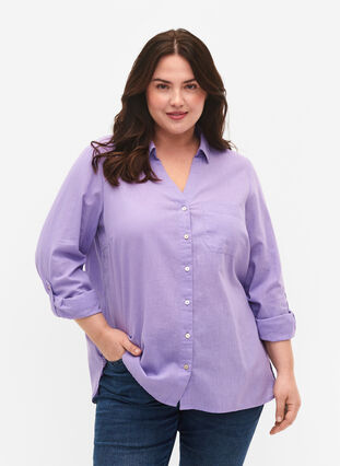 Skjortebluse med knaplukning i bomuldsmix med hør, Lavender, Model image number 0