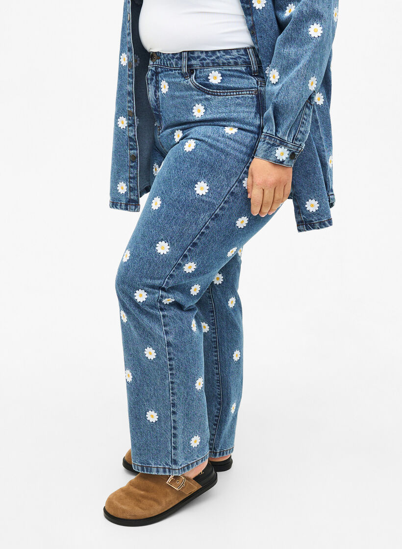 Højtaljede Gemma jeans med margueritter, Blå, Model image number 2