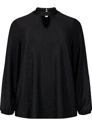 Langærmet glitterbluse med rund hals og v-detalje, Black Black