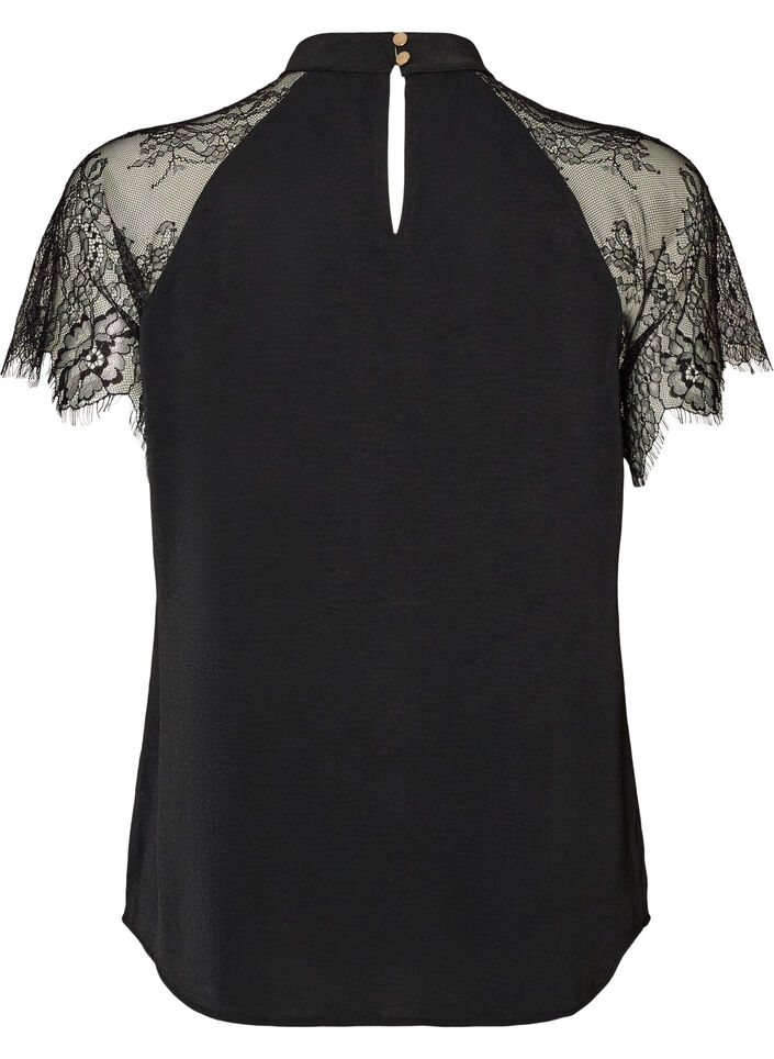 Bluse med korte blonde&aelig;rmer og h&oslash;j hals, Sort, Packshot image number 1
