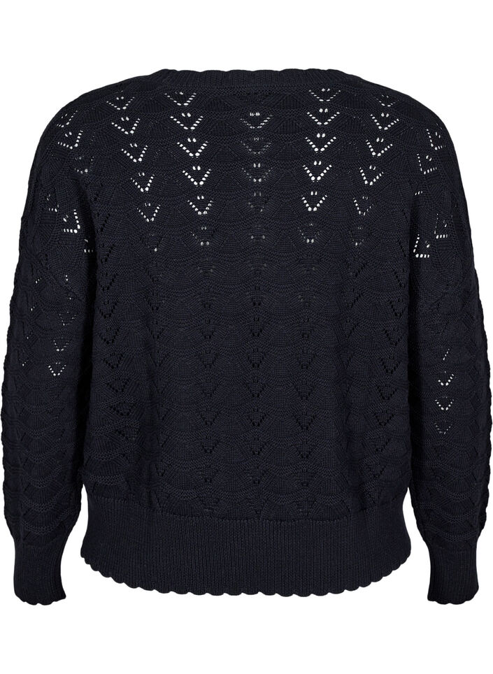 Langærmet strikbluse med hulmønster, Black, Packshot image number 1