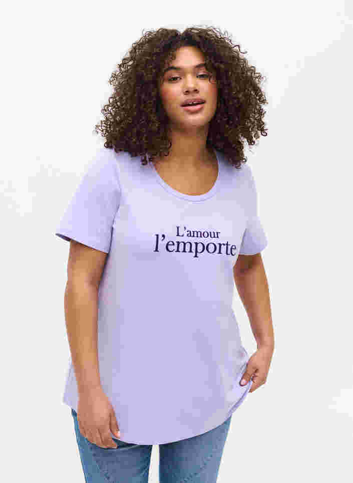 Kortærmet bomulds t-shirt med tryk,  Lavender LAMOUR, Model