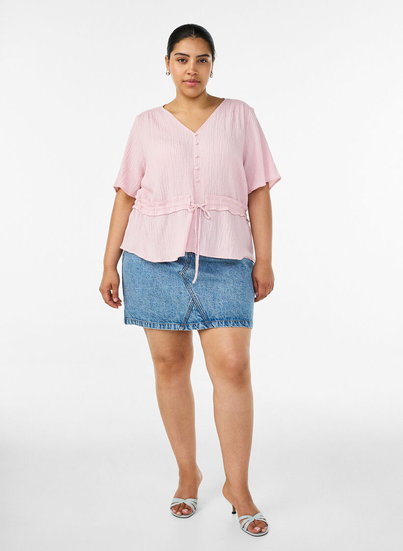 Bluse med struktur og bindeb&aring;nd i taljen, Lyser&oslash;d, Model image number 1