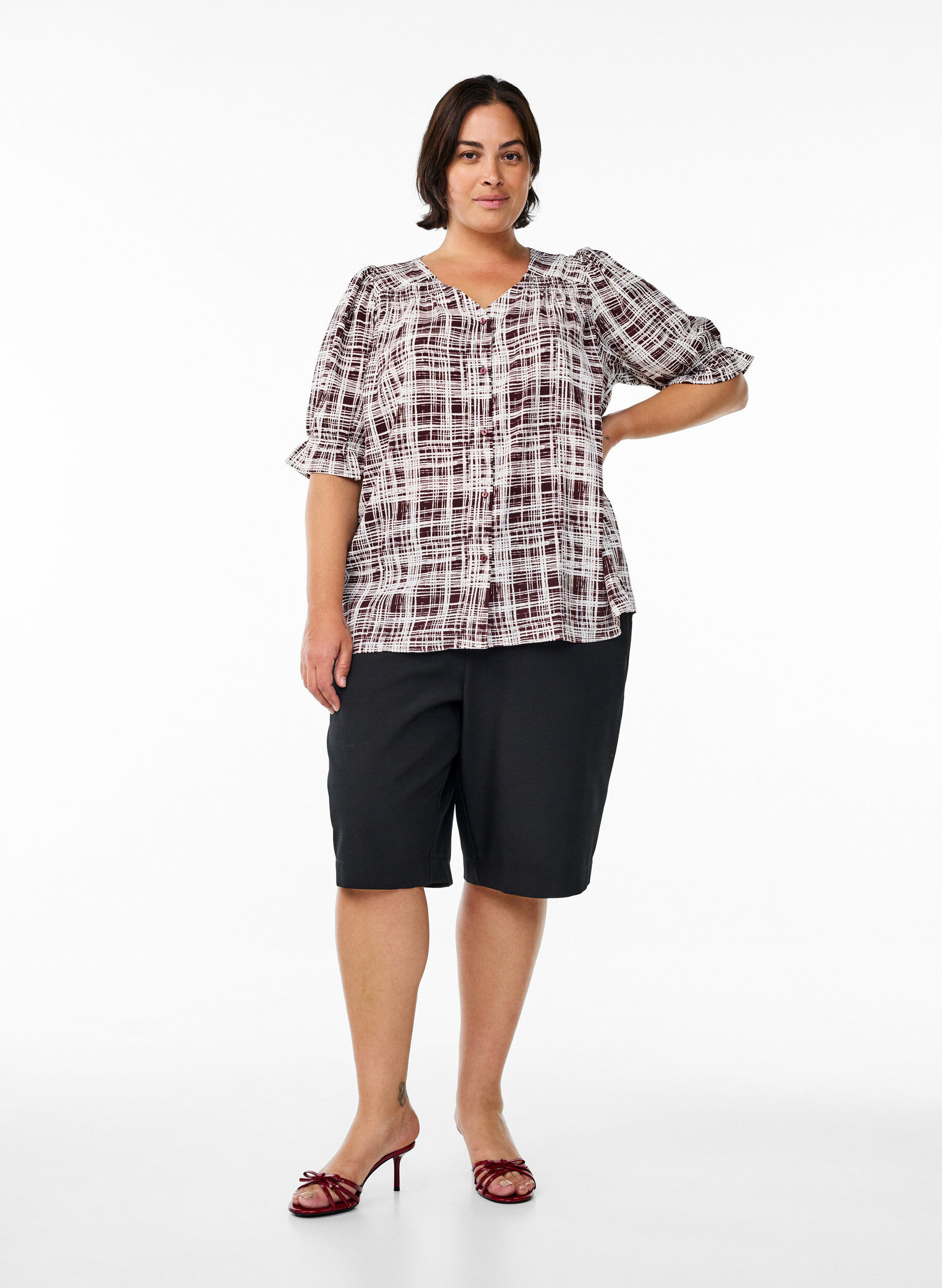 ZizziSkjortebluse med 1/2 &aelig;rmer, M&oslash;rk Bordeaux, Model image number 1