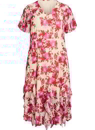 Blomstret chiffonkjole med volantdetaljer og V-udsk&aelig;ring, 9990