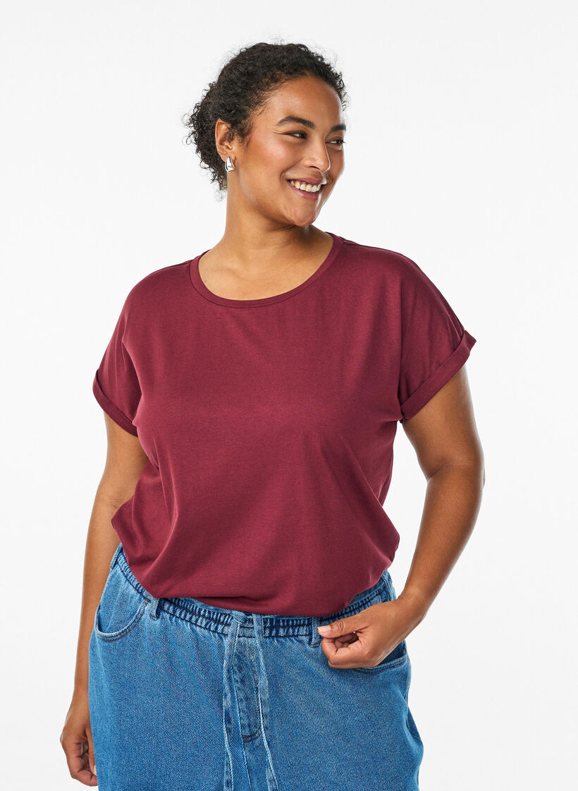 Kort&aelig;rmet t-shirt i bomuldsblanding, M&oslash;rk Bordeaux, Model image number 0