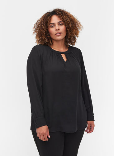 Bluse med lange ærmer, Black, Model image number 0