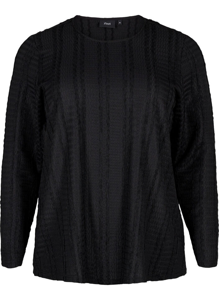 Bluse med lange ærmer og tekstur, Black, Packshot image number 0