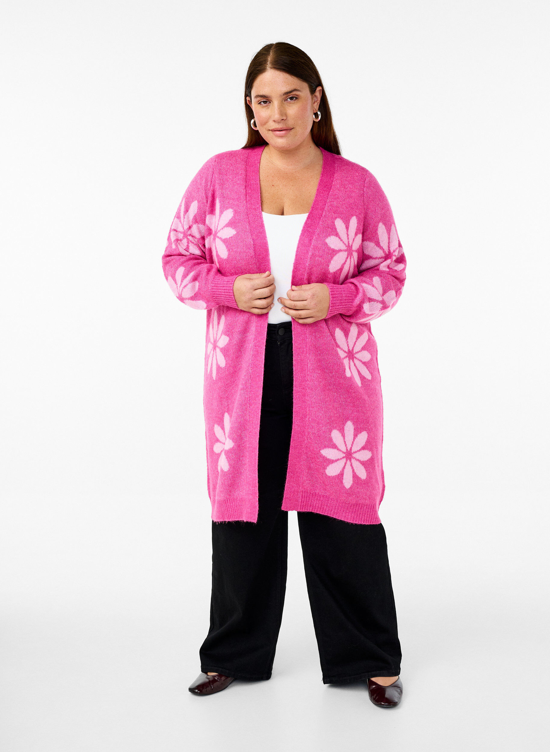 Zizzi Lang strik cardigan med blomster, Raspberry Rose Comb, Model image number 0