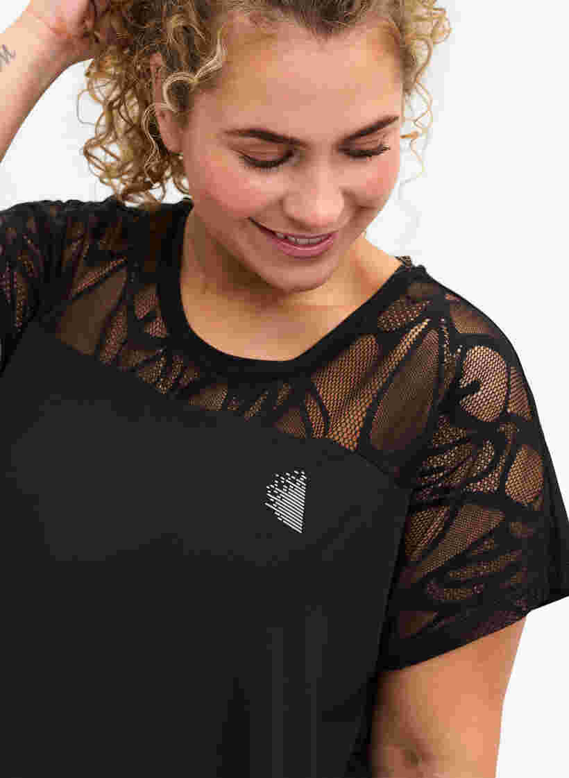 Kortærmet trænings t-shirt med mønstret mesh, Black, Model image number 2