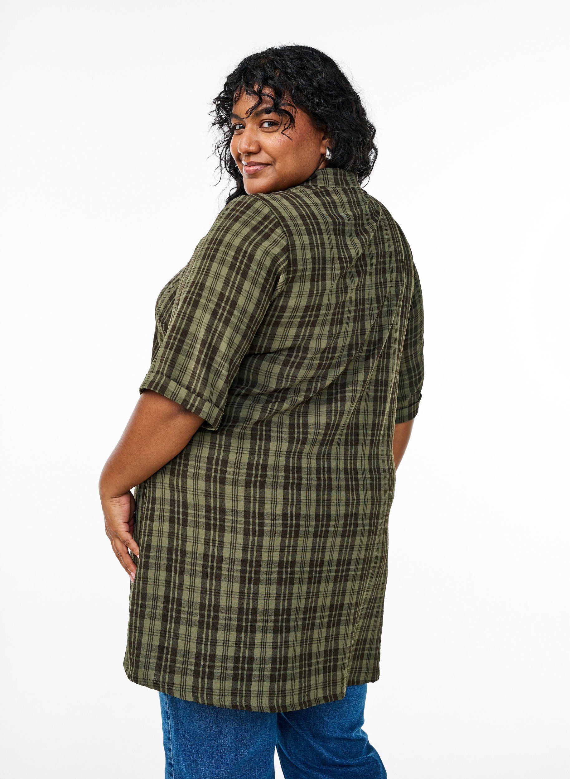 Zizzi Tunika med korte &aelig;rmer og ternet m&oslash;nster, Gr&oslash;n, Model image number 2