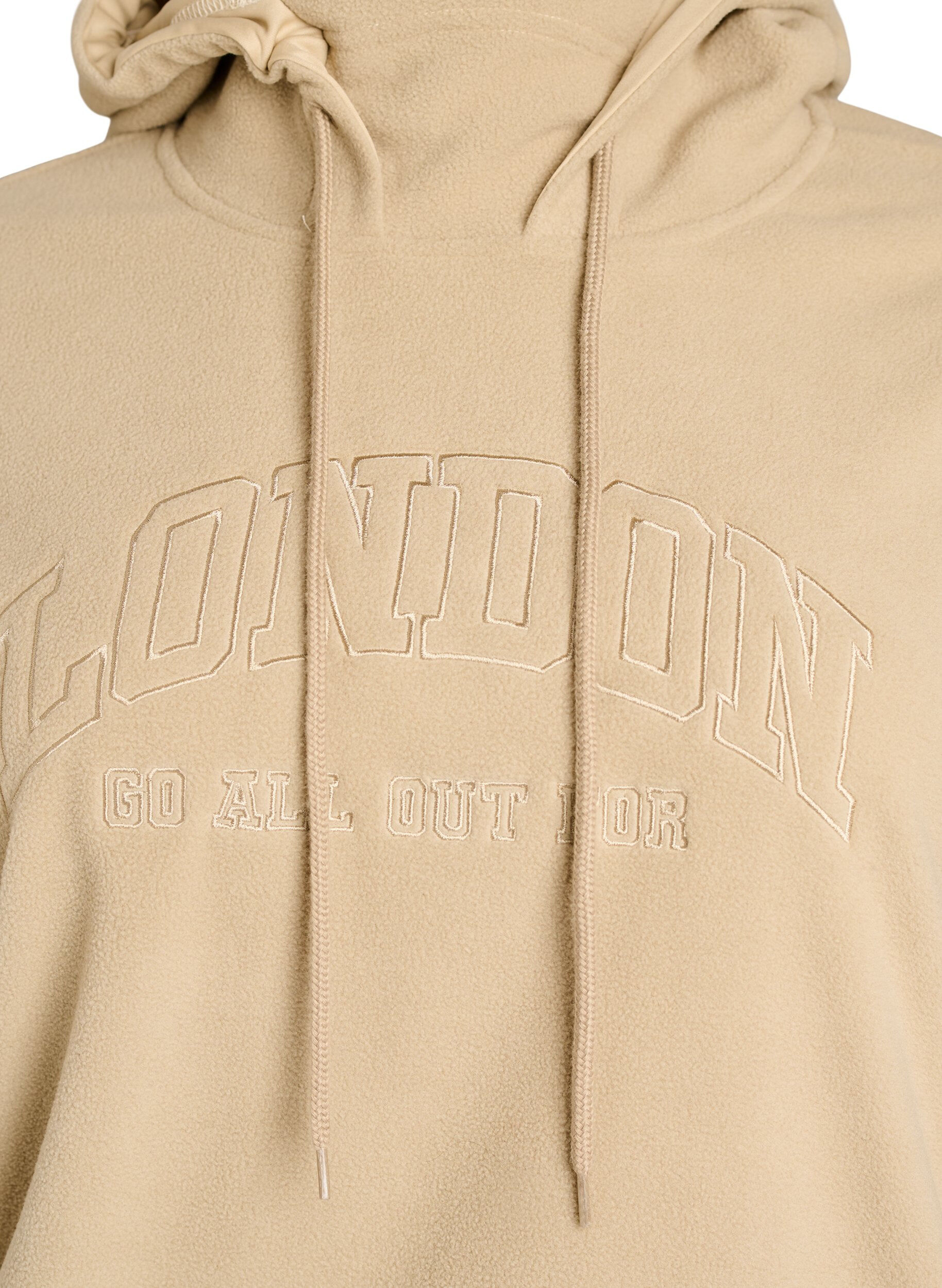 ZizziFleecehoodie med h&oslash;j hals og broderet tekst, Beige, Packshot image number 2