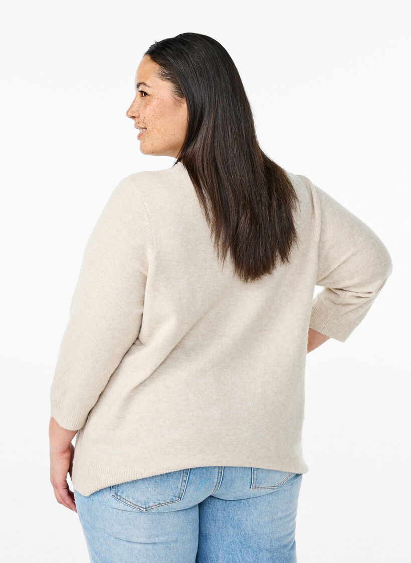 Strikbluse med blomster og 3/4 ærmer, Pumice Stone Mel., Model image number 1