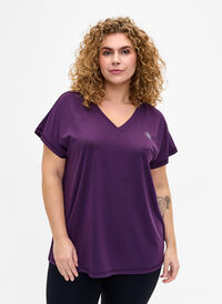 Løs trænings t-shirt med v-hals, Purple Pennant, Model