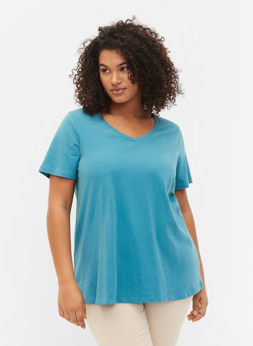 Ensfarvet basis t-shirt i bomuld, Brittany Blue, Model image number 0