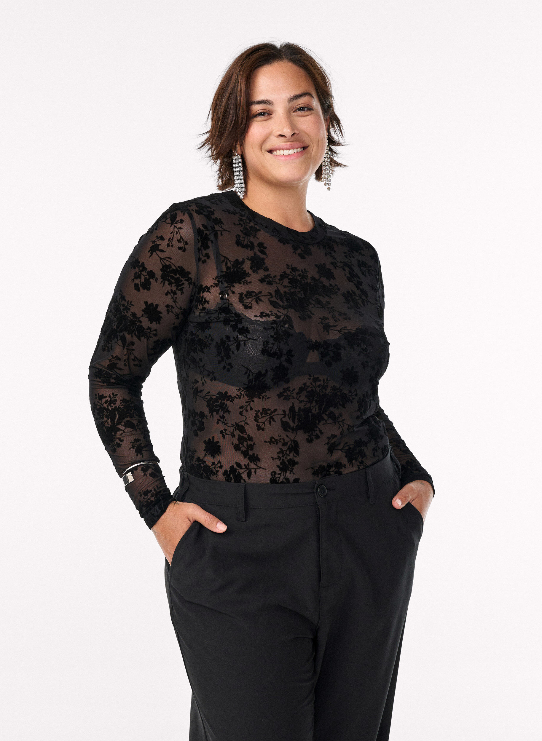 ZizziMeshbluse med blomsterm&oslash;nster, Sort, Model image number 0