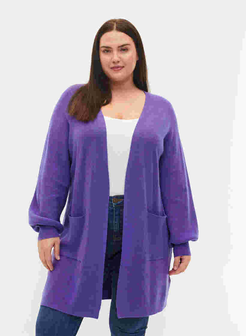 Lang strikket cardigan med ballonærmer, Purple Opulence, Model image number 0