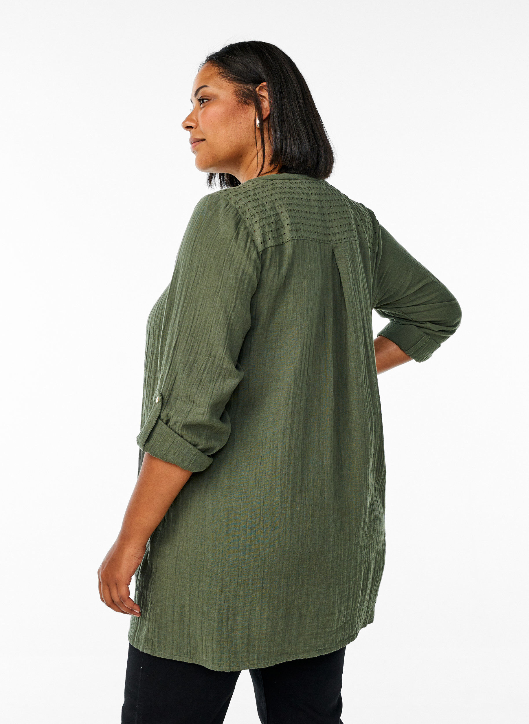 ZizziTunika i bomuldsmusselin med broderi anglaise, Gr&oslash;n, Model image number 2