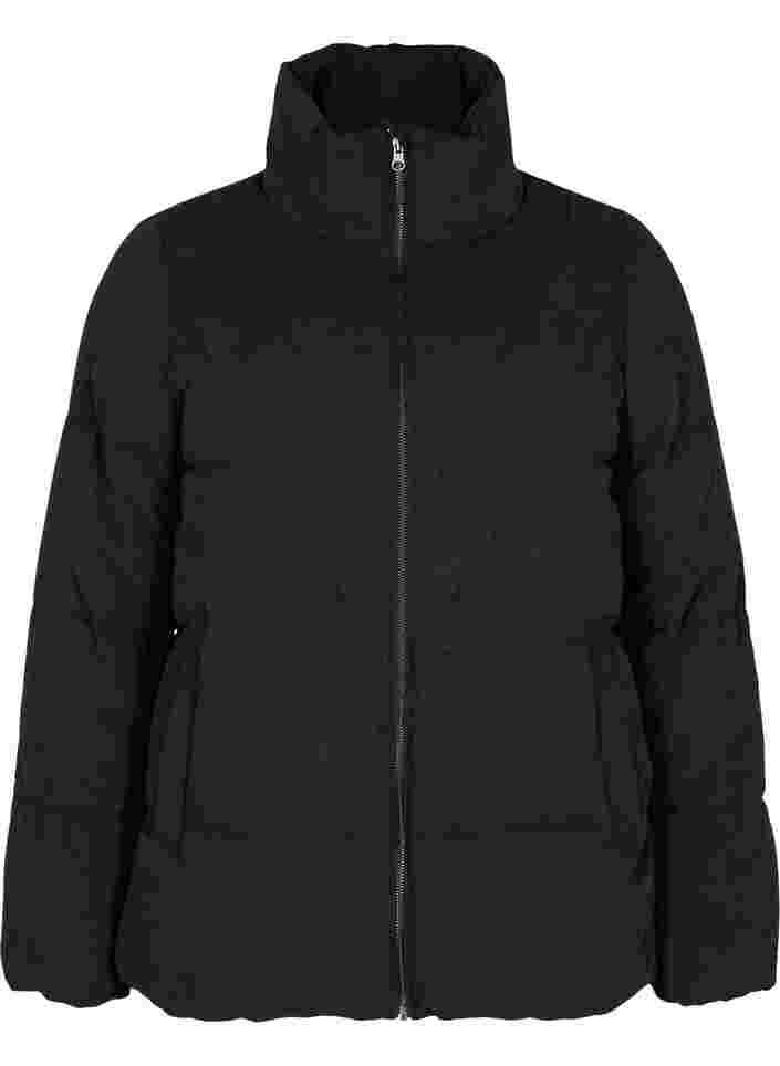 Kort vinterjakke med lynlås og høj halskrave, Black, Packshot image number 0