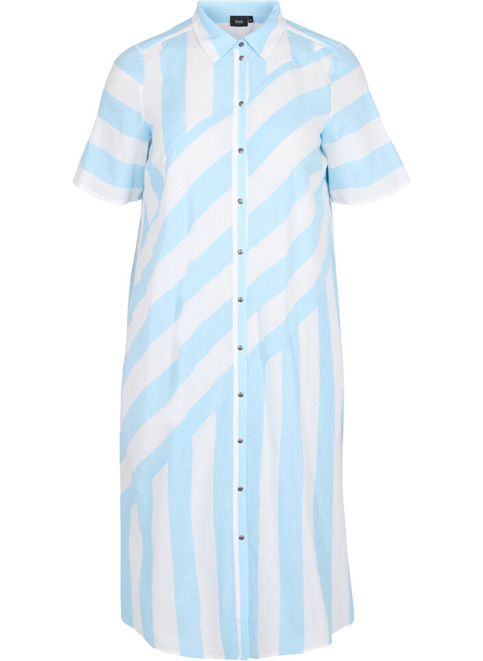 Kortærmet bomulds skjortekjole med striber, Blue Bell Stripe, Packshot image number 0